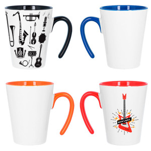 Mugs coniques anse ouverte 330 ml - 4 couleurs Mugs coniques personnalisables en céramique avec anse ouverte design
