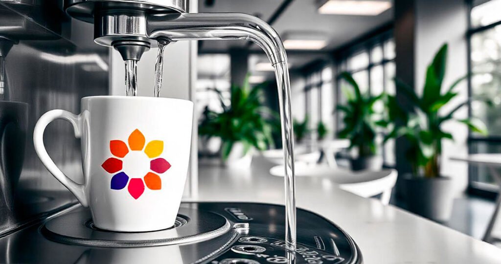 Mug personnalisé avec logo d'entreprise sous une fontaine d'eau chaude