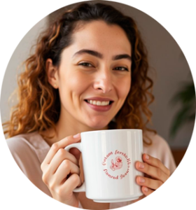 Employée tenant un mug personnalisé avec le logo de son entreprise