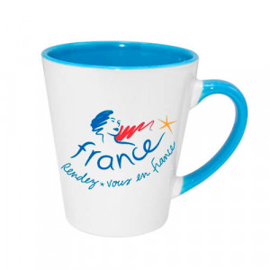 mug conique bleu personnalisé avec logo