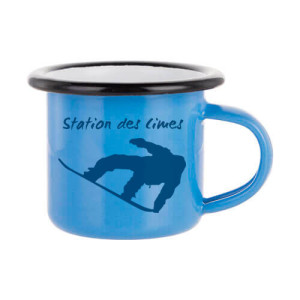 Réf. MiniMugEmailC-bleu Mini mug émaillé personnalisé bleu en métal 100 ml