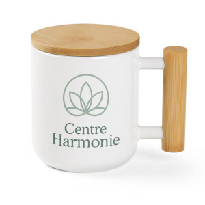 Mug personnalisé zen avec anse et couvercle en bambou