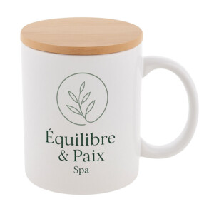 Mug zen personnalisé avec couvercle en bambou - Matière céramique - Contenance 300 ml