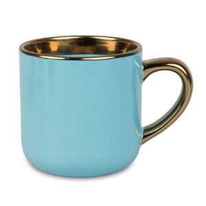 Réf. Mug400OrC-bleu Mug bleu céramique anse et liseré or, personnalisable avec logo entreprise et texte