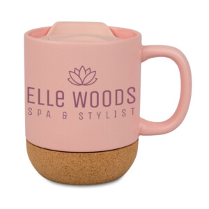 Mug rose céramique personnalisé avec logo et texte - Couvercle et fond liège