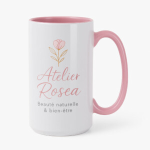 Réf. MugET - rose Grand mug rose 380 ml personnalisé avec logo entreprise et texte. Un beau goodie publicitaire