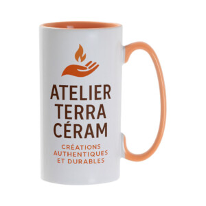 Réf. MugET - orange Mug orange design forme élancée et grande anse , personnalisé avec un logo d'entreprise et un slogan publicitaire