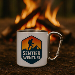 Mini mug métal inox blanc avec anse mousqueton personnalisé devant un feu de camp